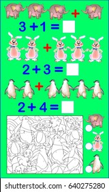 Educational page with exercises for children on addition. Solve examples. Count the number of hidden animals and write the numbers. Vector image.