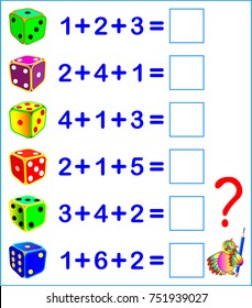 Educational page with exercises for children on addition. Count the number of dots on the dices. Solve examples and write the answers. Vector image.