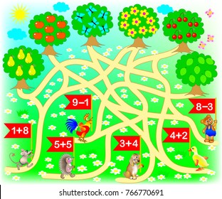 Educational page with exercises for children on addition and subtraction.  Solve examples and draw the way from each animal till correct tree. Vector image.