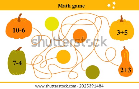 Educational page with exercises for children on addition and subtraction. Solve examples, find a path, and write your answer in circles. Vector cartoon illustration.