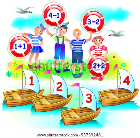 Educational page with exercises on addition and subtraction. Need to solve examples. On which boat will sail each child? Vector cartoon image.