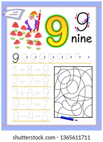 Educational page for kids with 9. Solve mathematical examples. Find the number and color it. Printable worksheet for children textbook. Developing counting and writing skills. Vector cartoon image.