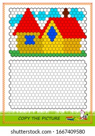 Educational page for kids. Copy picture. Printable worksheet for children school textbook. Draw and paint the houses by example. Developing coloring and counting skills. Baby coloring book. IQ test.