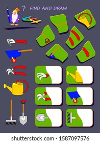 Educational page for kids. Help the wizard find second half of each garden tool. Draw them in correct places. Printable worksheet for children book. Logic puzzle game. IQ test. Vector cartoon image.