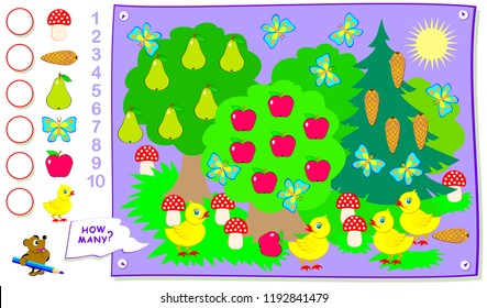 Educational page for kids. How many pieces of each object can you find in the picture? Count the quantity and write the numbers in circles. Vector cartoon image.