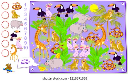 Educational Page For Kids. How Many Animals Hide In The Jungle? Count The Quantity And Write The Numbers In Circles. Vector Cartoon Image.