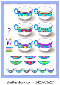 Educational page for kids. Logic puzzle game for children. Need to find and paint second parts of cups. Printable worksheet for baby coloring book. Developing drawing skills. Back to school.