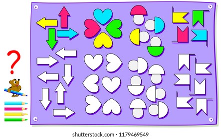 Educational page for kids. Need to correctly paint the figures corresponding direction. Developing skills for counting and drawing. Vector image.