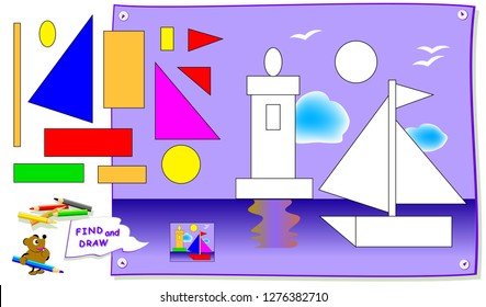 Educational page for kids. Need to find geometric figures in the picture and paint them. Logic puzzle game. Back to school. Developing children skills for drawing.  Vector cartoon image.