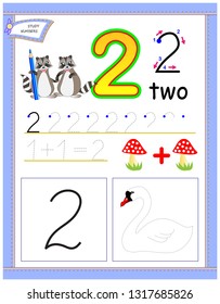 Educational page for kids with number 2. Draw the contour and color swan. Printable worksheet for children textbook. Developing skills for counting and writing. Back to school. Vector cartoon image.