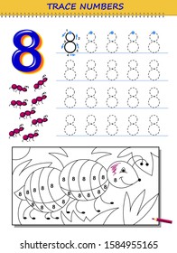 Educational page for kids with number 8. Printable worksheet for children textbook. Developing skills of counting, writing and tracing. Baby coloring book. Back to school. Vector image.