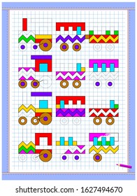 Educational page for kids. Printable worksheet on square paper for children. Paint trains so that all are identical. Developing counting and tracing skills. School math textbook. Baby coloring book.