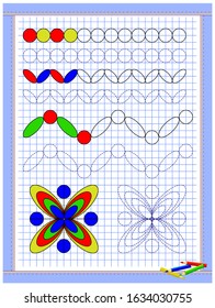 Educational page for kids. Printable worksheet on square paper for children. Learn to draw geometrical figures. Developing coloring and tracing skills. School math textbook. Baby coloring book.