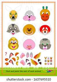 Educational page for kids. Printable worksheet for children. Find and paint the ears of each animal. Developing coloring and drawing skills. Logic puzzle for school textbook. Baby coloring book.