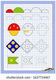 Educational page for kids. Printable worksheet on square paper for children. Learn to draw geometrical figures. Developing coloring and tracing skills. School math textbook. Baby coloring book.