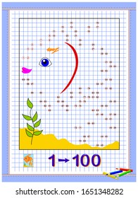 Educational page for kids. Printable worksheet on square paper for children. Draw the line from number 1 to 100 and color picture. Developing counting skills. School math textbook. Baby coloring book