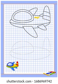 Página educativa para niños. Hoja de cálculo impresa en papel cuadrado para niños. Aprende a dibujar figuras geométricas. Desarrollo de técnicas de coloración y rastreo. Libro de texto de matemáticas en la escuela. Un libro de ejercicios para bebés.