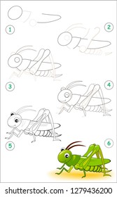 Educational page for kids shows how to learn step by step to draw a cute cricket. Back to school. Developing children skills for drawing and coloring. Vector cartoon image.