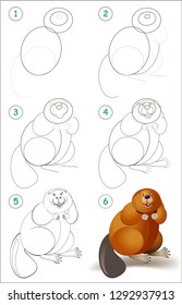 Educational page for kids shows how to learn step by step to draw a cute beaver. Back to school. Developing children skills for drawing and coloring. Vector cartoon image.