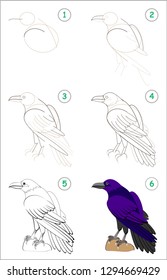 Educational page for kids shows how to learn step by step to draw a cute raven. Back to school. Developing children skills for drawing and coloring. Vector cartoon image.