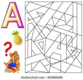 Educational page with letter A. Logic puzzle. Find and paint 5 letters A. Vector image.