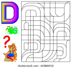 Educational page with letter D for study English. Logic puzzle. Find and paint 5 letters D. Vector image.
