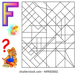 Educational page with letter F for study English. Logic puzzle. Find and paint 5 letters F. Vector image.