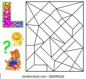 Educational page with letter P for study English letters. Logic puzzle. Find and paint 5 letters L. Vector image.