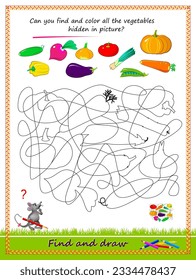 Educational page for little children. Can you find and color all the vegetables hidden in picture? Logic puzzle game. Coloring book. Worksheet for kids school textbook. Vector cartoon illustration.