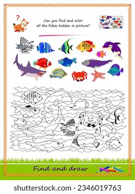 Educational page for little children. Can you find and color all the fishes hidden in picture? Logic puzzle game. Coloring book. Worksheet for kids school textbook. Vector cartoon illustration.