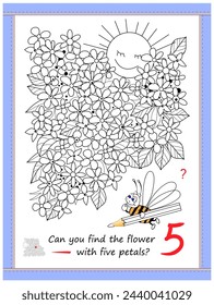 Educational page for little children. Can you find the flower with 5 petals? Coloring book. I spy puzzle. Printable worksheet for kids. Developing counting and drawing skills. Vector cartoon image.