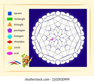 Educational page for little children. Color beautiful mandala. Learn geometric shapes. Printable template with exercise for kids. Logic puzzle game. Coloring book. Cartoon vector illustration.