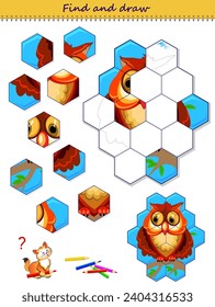 Educational page for little children. Color cute owl. Find the honeycombs and draw them in correct places. Coloring book. Printable worksheet with exercise for kids. Logic puzzle game. Vector image.