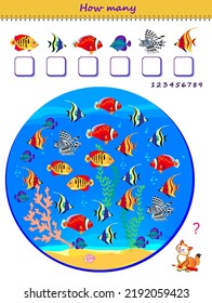 Educational page for little children. How many fishes can you find in the picture? Count the quantity and write the numbers. Printable worksheet with exercise for kids. Logic puzzle game. 