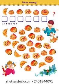 Educational page for little children. How many buns can you find in the picture? Count the quantity and write the numbers. Printable worksheet with exercise for kids. Logic puzzle game. Vector image.