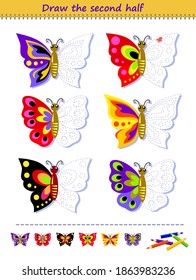 Educational page for little children  Logic puzzle game  Draw the second half butterflies by example  Coloring book  Printable worksheet and exercise for kids  IQ test 