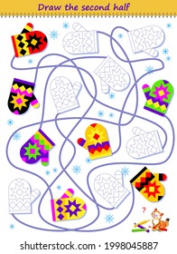 Educational page for little children. Logic puzzle game with maze. Find and draw the second pair of each mitten. Coloring book. Printable worksheet with exercise for kids school textbook. IQ test.