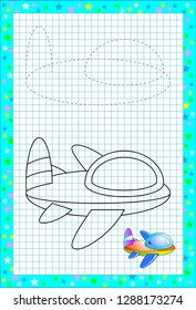 Educational page for little children on square paper. Need to draw and paint cute airplane by copy. Developing baby skills. Printable worksheet for school kids textbook. Back to school. Vector image.