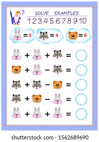 Educational page for little children on addition and subtraction. Solve examples according to value of each animal and write numbers in circles. Printable worksheet for kids math school textbook.