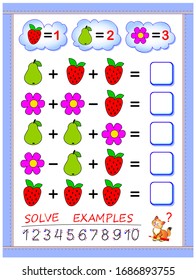 Educational page for little children on addition and subtraction. Printable worksheet for kids mathematical school textbook. Solve examples  and write the numbers. Exercise book. Math education.