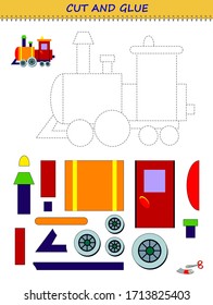 Educational page for little children. Printable template with exercise for kids. Using scissors and glue cut and make toy train. Developing skills for cutting and handwork. Flat vector cartoon image.