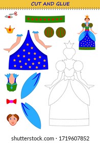 Educational page for little children. Printable template with exercise for kids. Use a scissors to cut and glue cute toy doll. Developing skills for cutting and handwork. Flat vector cartoon image.