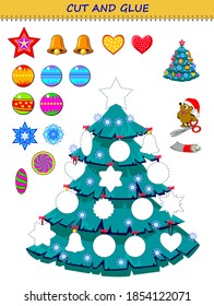 Educational page for little children. Printable game with exercise for kids. Use scissors to cut the toys and glue them. Make your own Christmas tree. Developing skills for cutting and handwork.