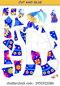 Educational page for little children. Printable template with exercise for kids. Use a scissors to cut and glue the dress for princess. Logic puzzle game. Developing skills for cutting and handwork.