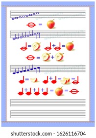 Educational page for little children to study the duration of musical notes. Developing tracing, counting and writing skills. Printable worksheet for kids music school textbook. Vector image.