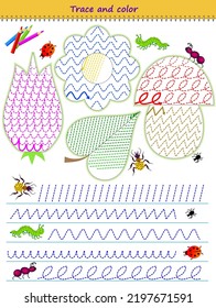 Educational page for little children. Trace and color. Draw the paths after the insects. Developing writing skills. Printable worksheet with exercise for kids school textbook. Coloring book.