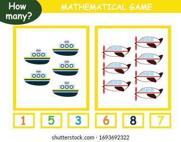 educational page with mathematical games for children. how many cars on a page, circle the correct number