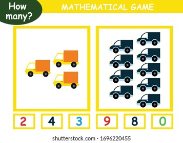  página educativa con juegos matemáticos para niños. cuántos camiones de una página, haga un círculo en el número correcto