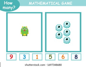 educational page with mathematical games for children. how many cute monsters on a page, circle the correct number