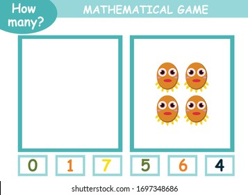 educational page with mathematical games for children. how many cute monsters on a page, circle the correct number